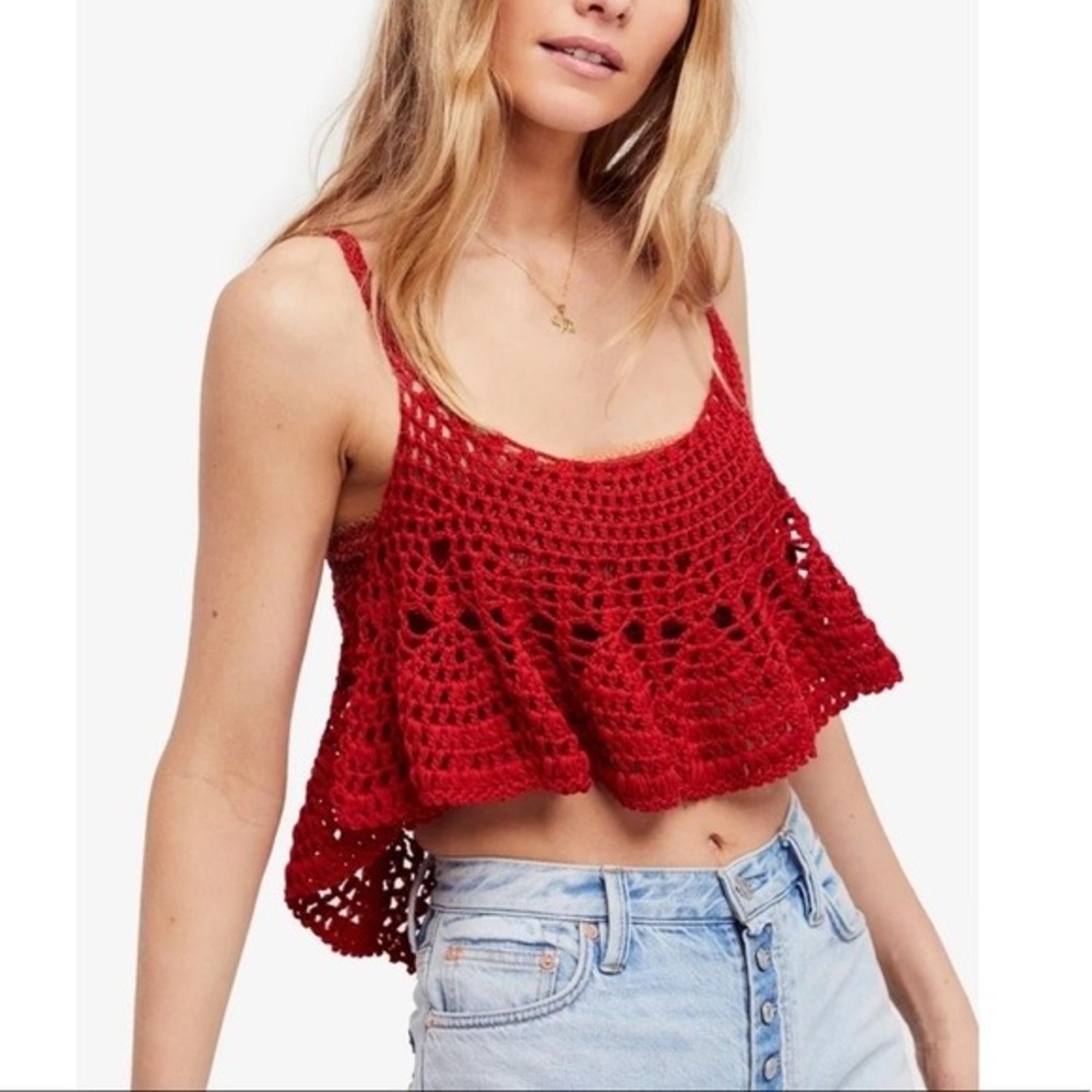 Free People NWT Bright Red Crochet Ruffle Crop Top‎ S Boho Festival Cotton